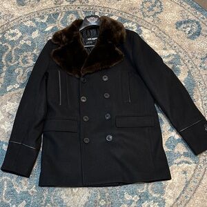 Karl Lagerfeld Black Pea Coat with Brown Faux Fur Collar